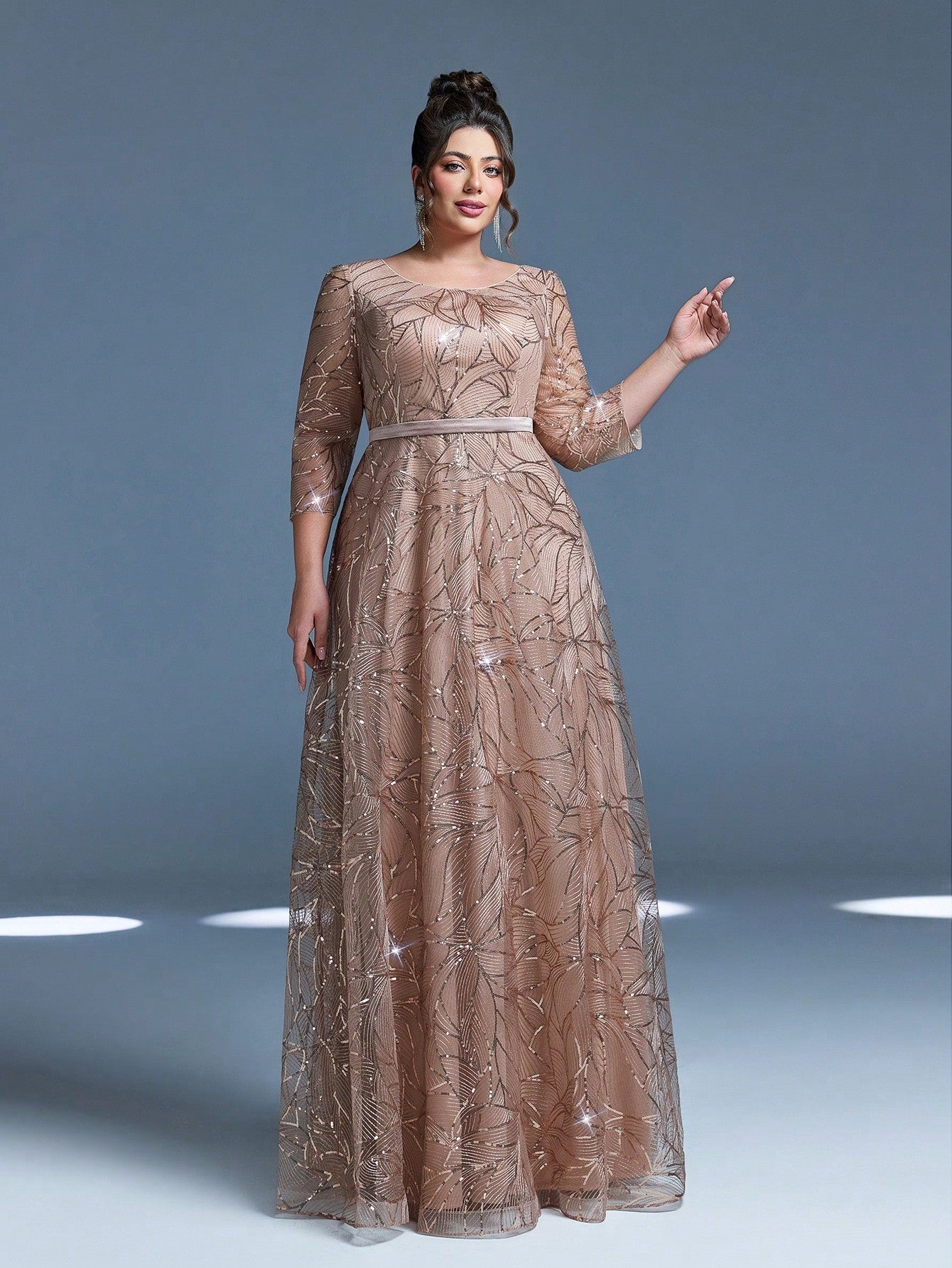 Luxury Elegant Summer Plus Champagne Sequin Tulle Maxi Gown, Leaf Embroidery A-Line, Floor Waist Wedding Mother Bride Party Formal Dress