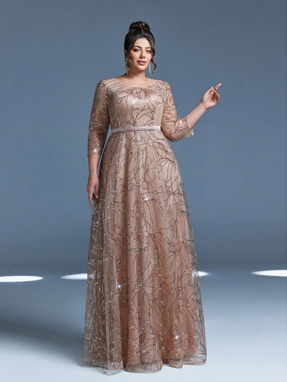Luxury Elegant Summer Plus Champagne Sequin Tulle Maxi Gown, Leaf Embroidery A-Line, Floor Waist Wedding Mother Bride Party Formal Dress