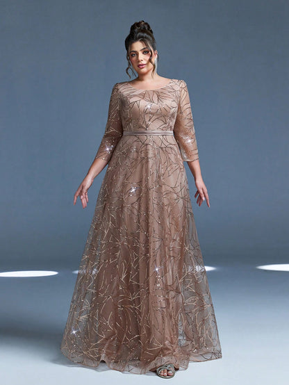 Luxury Elegant Summer Plus Champagne Sequin Tulle Maxi Gown, Leaf Embroidery A-Line, Floor Waist Wedding Mother Bride Party Formal Dress