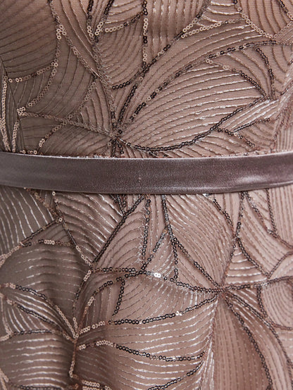 Luxury Elegant Summer Plus Champagne Sequin Tulle Maxi Gown, Leaf Embroidery A-Line, Floor Waist Wedding Mother Bride Party Formal Dress