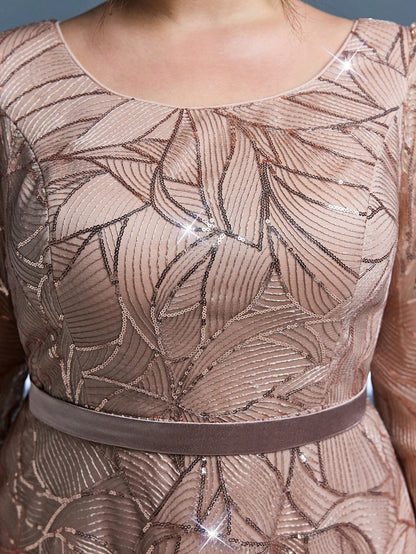 Luxury Elegant Summer Plus Champagne Sequin Tulle Maxi Gown, Leaf Embroidery A-Line, Floor Waist Wedding Mother Bride Party Formal Dress