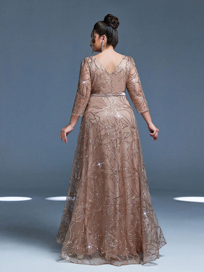 Luxury Elegant Summer Plus Champagne Sequin Tulle Maxi Gown, Leaf Embroidery A-Line, Floor Waist Wedding Mother Bride Party Formal Dress