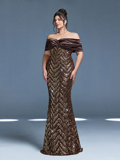 New Sequined Strapless Elegant Plus Size Evening Gown, Ruffle Hem, Bodycon, Fishtail Skirt, Suitable For Formal Parties And Galas