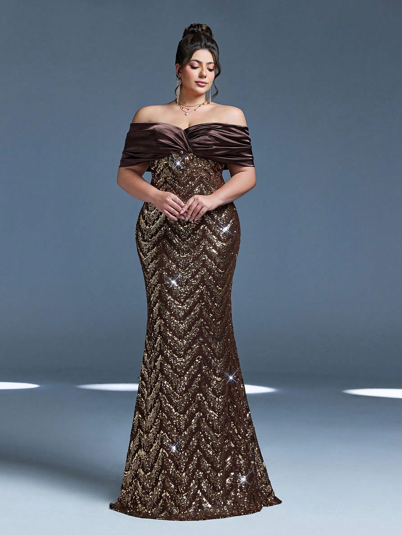 New Sequined Strapless Elegant Plus Size Evening Gown, Ruffle Hem, Bodycon, Fishtail Skirt, Suitable For Formal Parties And Galas