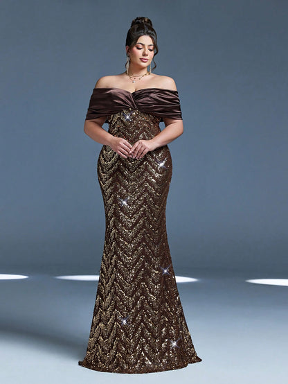 New Sequined Strapless Elegant Plus Size Evening Gown, Ruffle Hem, Bodycon, Fishtail Skirt, Suitable For Formal Parties And Galas