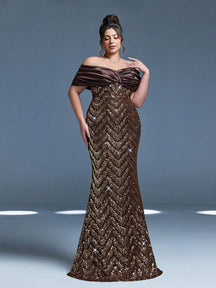New Sequined Strapless Elegant Plus Size Evening Gown, Ruffle Hem, Bodycon, Fishtail Skirt, Suitable For Formal Parties And Galas