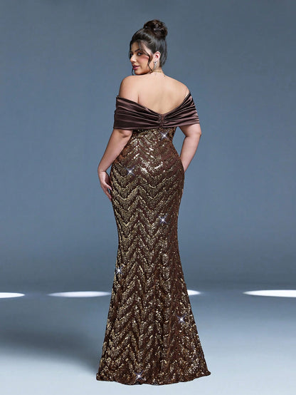 New Sequined Strapless Elegant Plus Size Evening Gown, Ruffle Hem, Bodycon, Fishtail Skirt, Suitable For Formal Parties And Galas