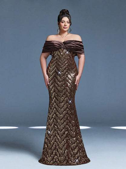 New Sequined Strapless Elegant Plus Size Evening Gown, Ruffle Hem, Bodycon, Fishtail Skirt, Suitable For Formal Parties And Galas