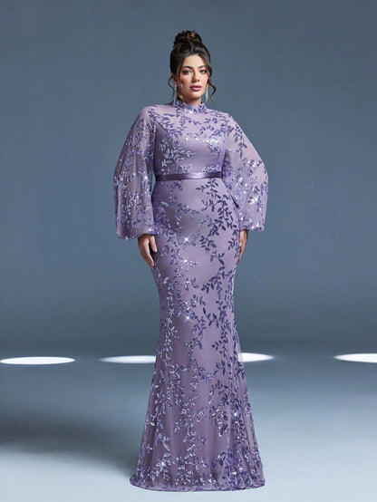 Plus Size Stand Collar Sequin Elegant Evening Dress, Sheer, Waist Belt, Lantern Sleeve, Fitted, Fishtail Hem Dress Vacation Party Wedding