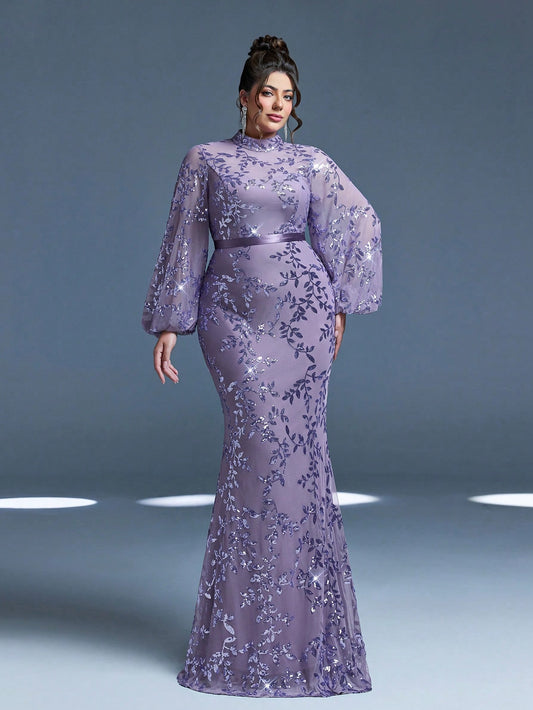 Plus Size Stand Collar Sequin Elegant Evening Dress, Sheer, Waist Belt, Lantern Sleeve, Fitted, Fishtail Hem Dress Vacation Party Wedding