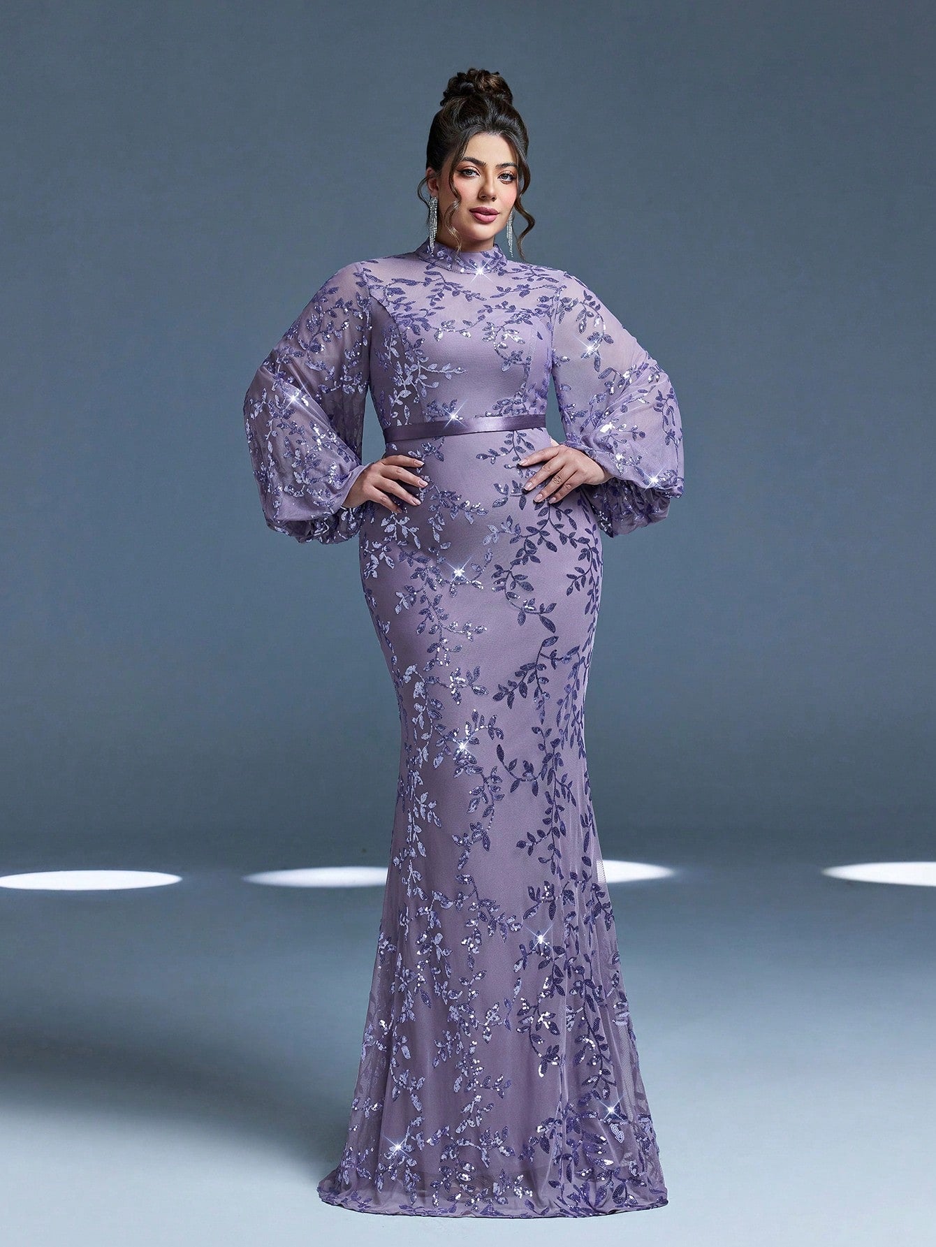 Plus Size Stand Collar Sequin Elegant Evening Dress, Sheer, Waist Belt, Lantern Sleeve, Fitted, Fishtail Hem Dress Vacation Party Wedding