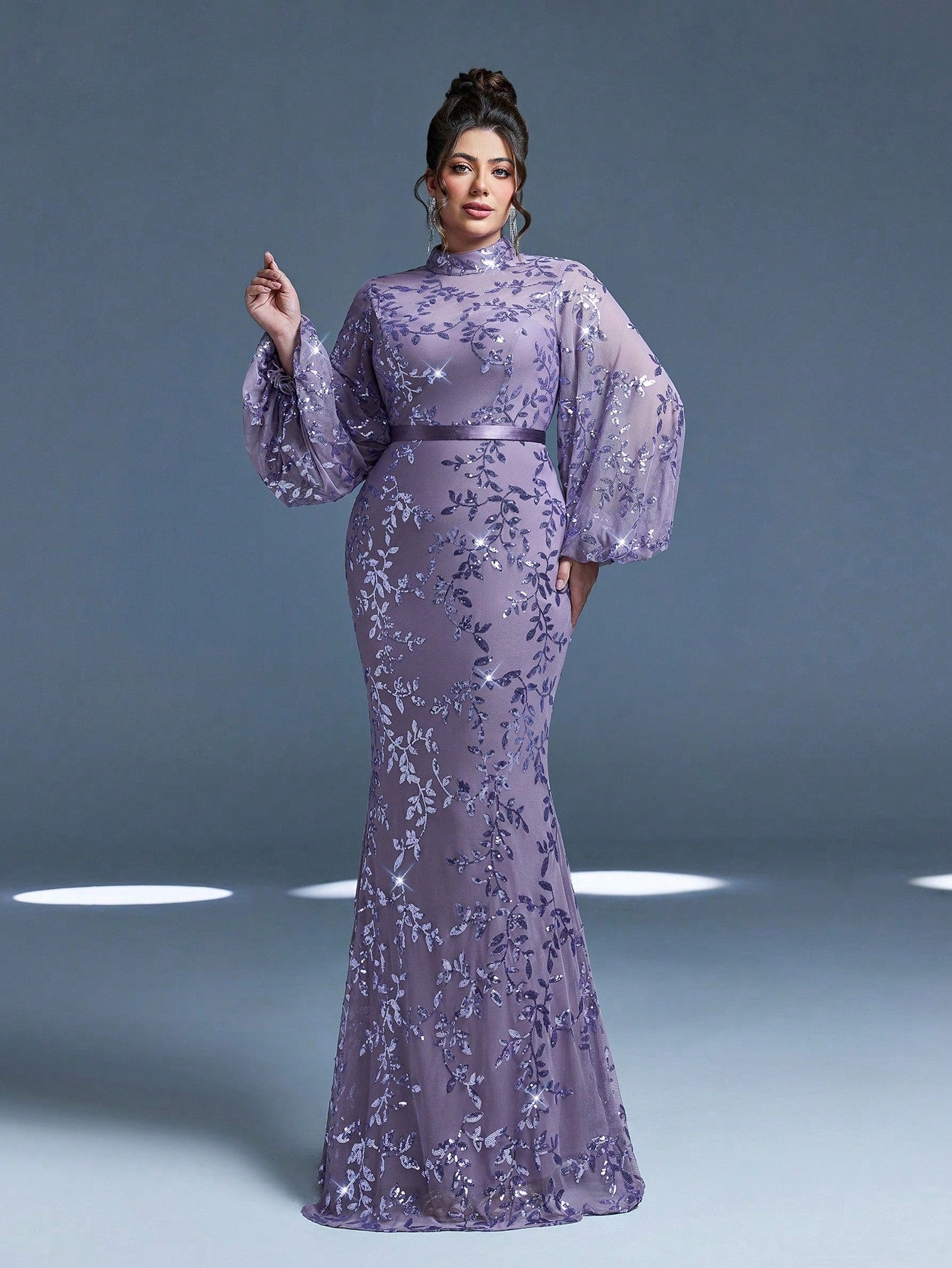 Plus Size Stand Collar Sequin Elegant Evening Dress, Sheer, Waist Belt, Lantern Sleeve, Fitted, Fishtail Hem Dress Vacation Party Wedding