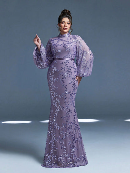 Plus Size Stand Collar Sequin Elegant Evening Dress, Sheer, Waist Belt, Lantern Sleeve, Fitted, Fishtail Hem Dress Vacation Party Wedding
