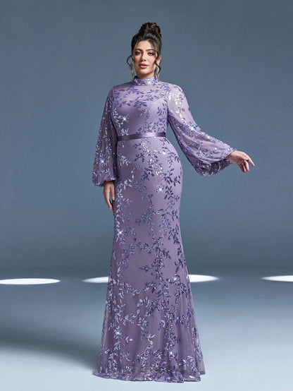 Plus Size Stand Collar Sequin Elegant Evening Dress, Sheer, Waist Belt, Lantern Sleeve, Fitted, Fishtail Hem Dress Vacation Party Wedding