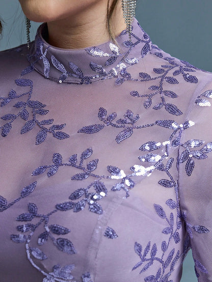 Plus Size Stand Collar Sequin Elegant Evening Dress, Sheer, Waist Belt, Lantern Sleeve, Fitted, Fishtail Hem Dress Vacation Party Wedding