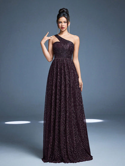One-Shoulder Asymmetrical Metal Wire Pleated Maxi Dress