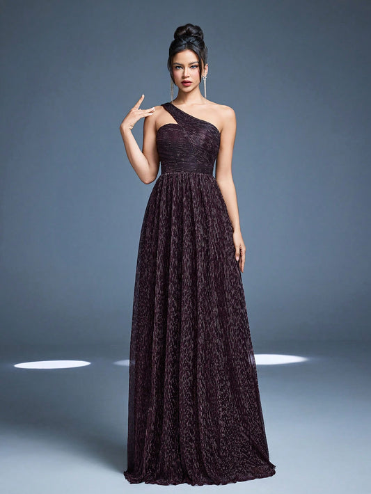 One-Shoulder Asymmetrical Metal Wire Pleated Maxi Dress