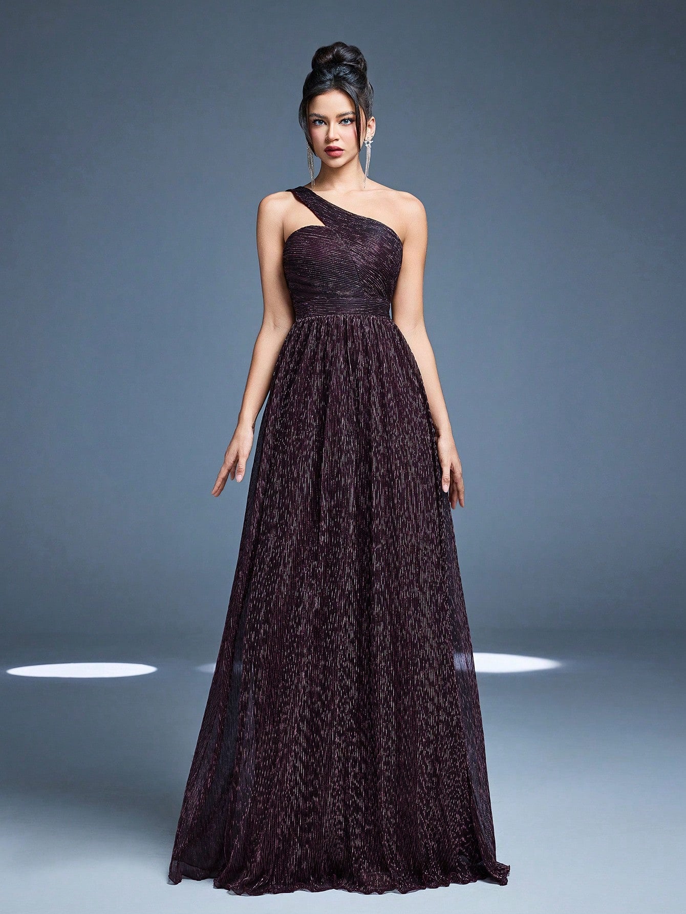 One-Shoulder Asymmetrical Metal Wire Pleated Maxi Dress