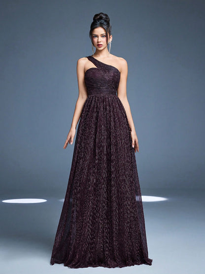 One-Shoulder Asymmetrical Metal Wire Pleated Maxi Dress