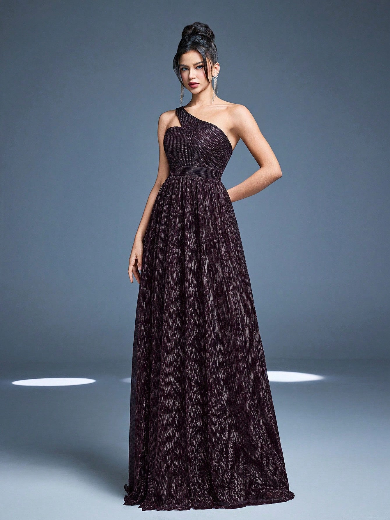 One-Shoulder Asymmetrical Metal Wire Pleated Maxi Dress