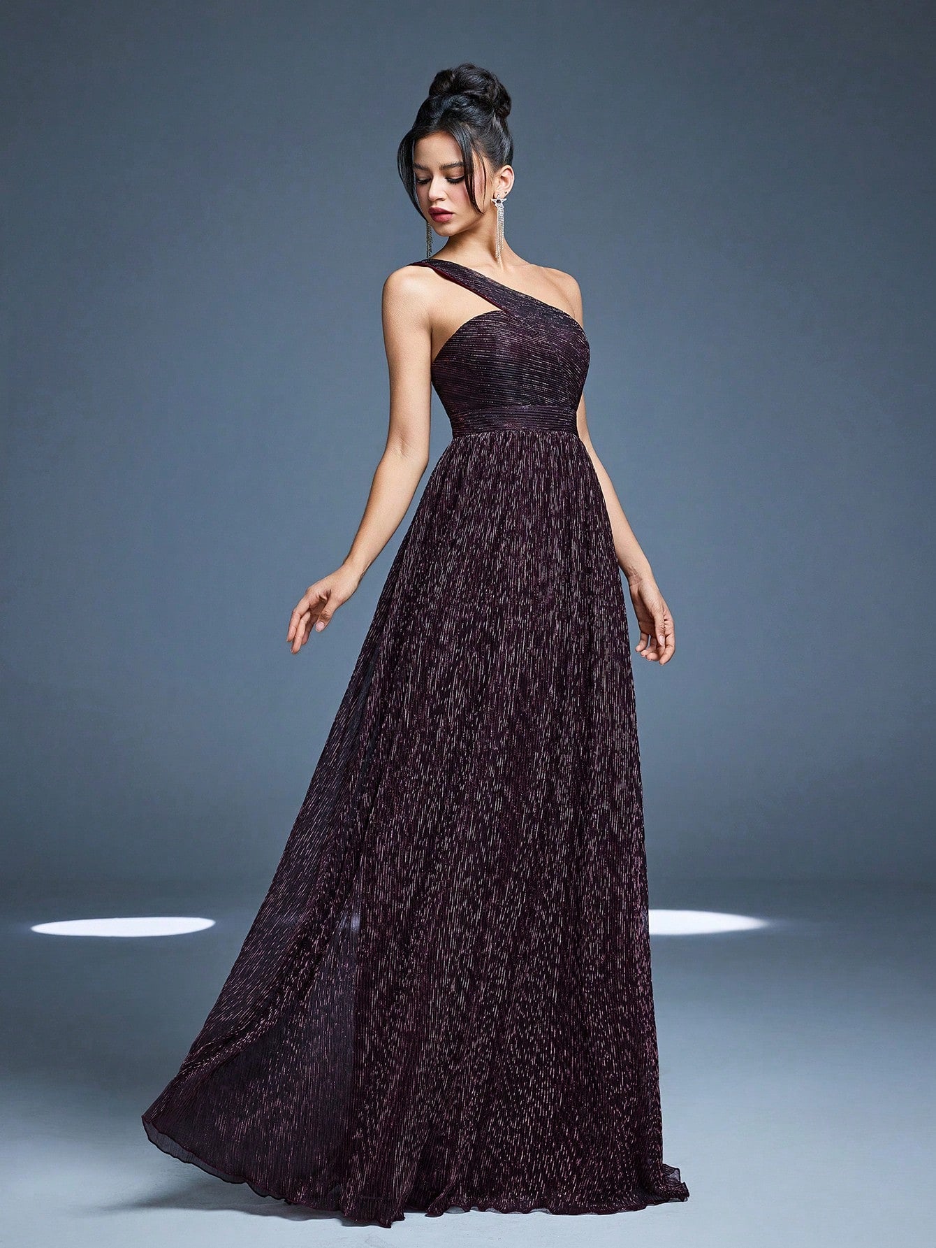 One-Shoulder Asymmetrical Metal Wire Pleated Maxi Dress