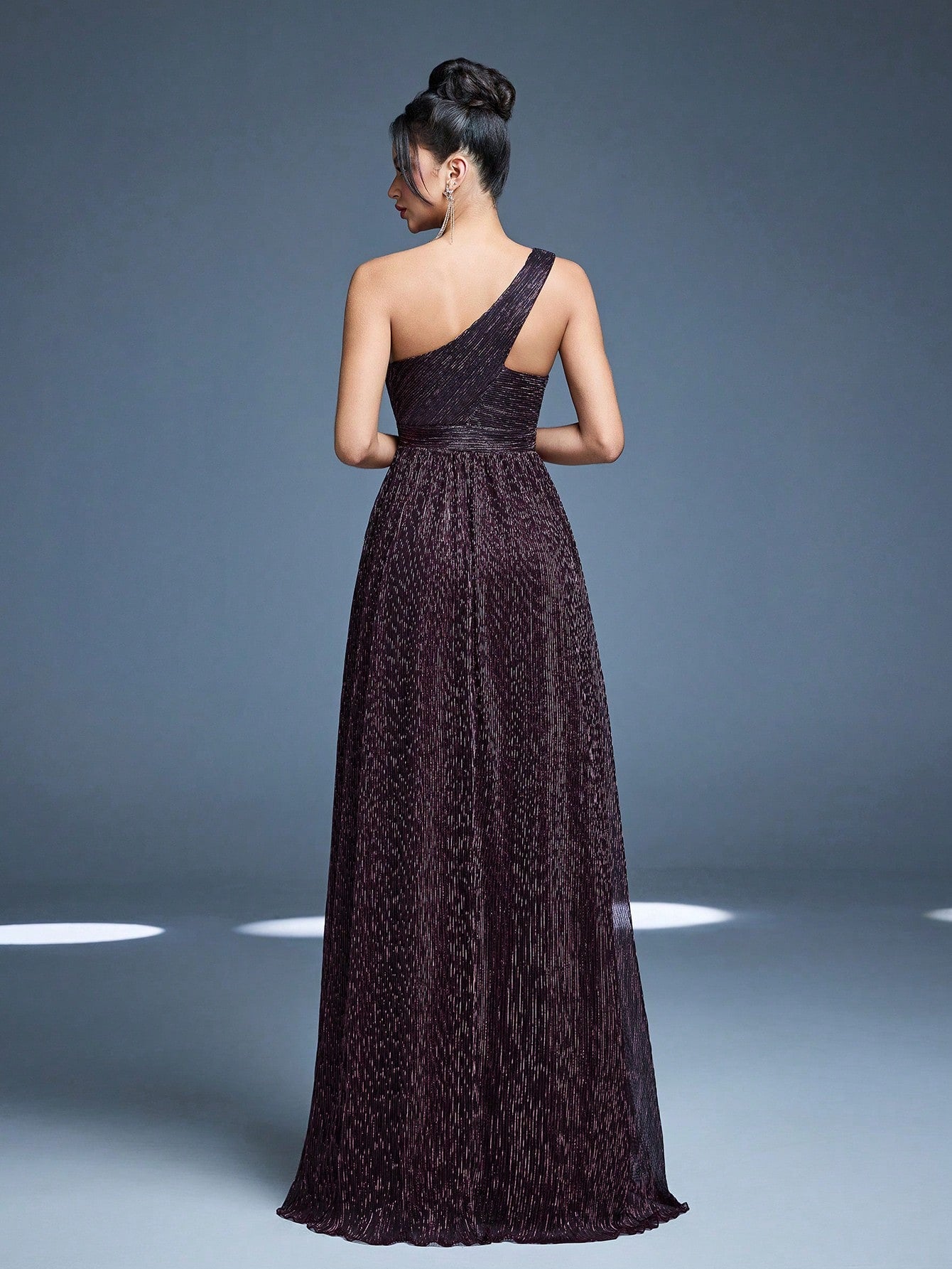 One-Shoulder Asymmetrical Metal Wire Pleated Maxi Dress