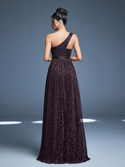 One-Shoulder Asymmetrical Metal Wire Pleated Maxi Dress