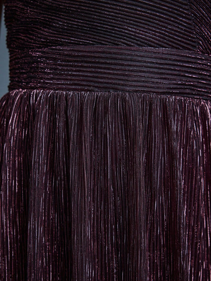 One-Shoulder Asymmetrical Metal Wire Pleated Maxi Dress