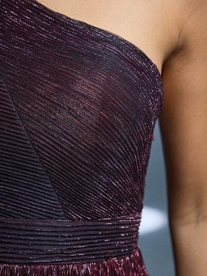 One-Shoulder Asymmetrical Metal Wire Pleated Maxi Dress