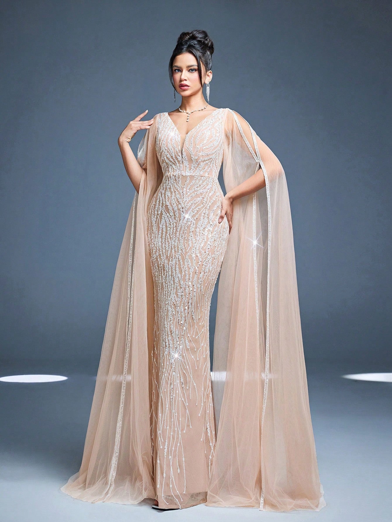 V-Neck Mesh Shoulder Double Layer Sequin Fitted Mermaid Maxi Dress