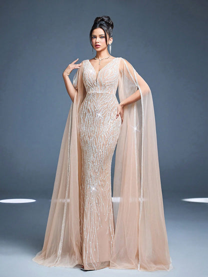 V-Neck Mesh Shoulder Double Layer Sequin Fitted Mermaid Maxi Dress