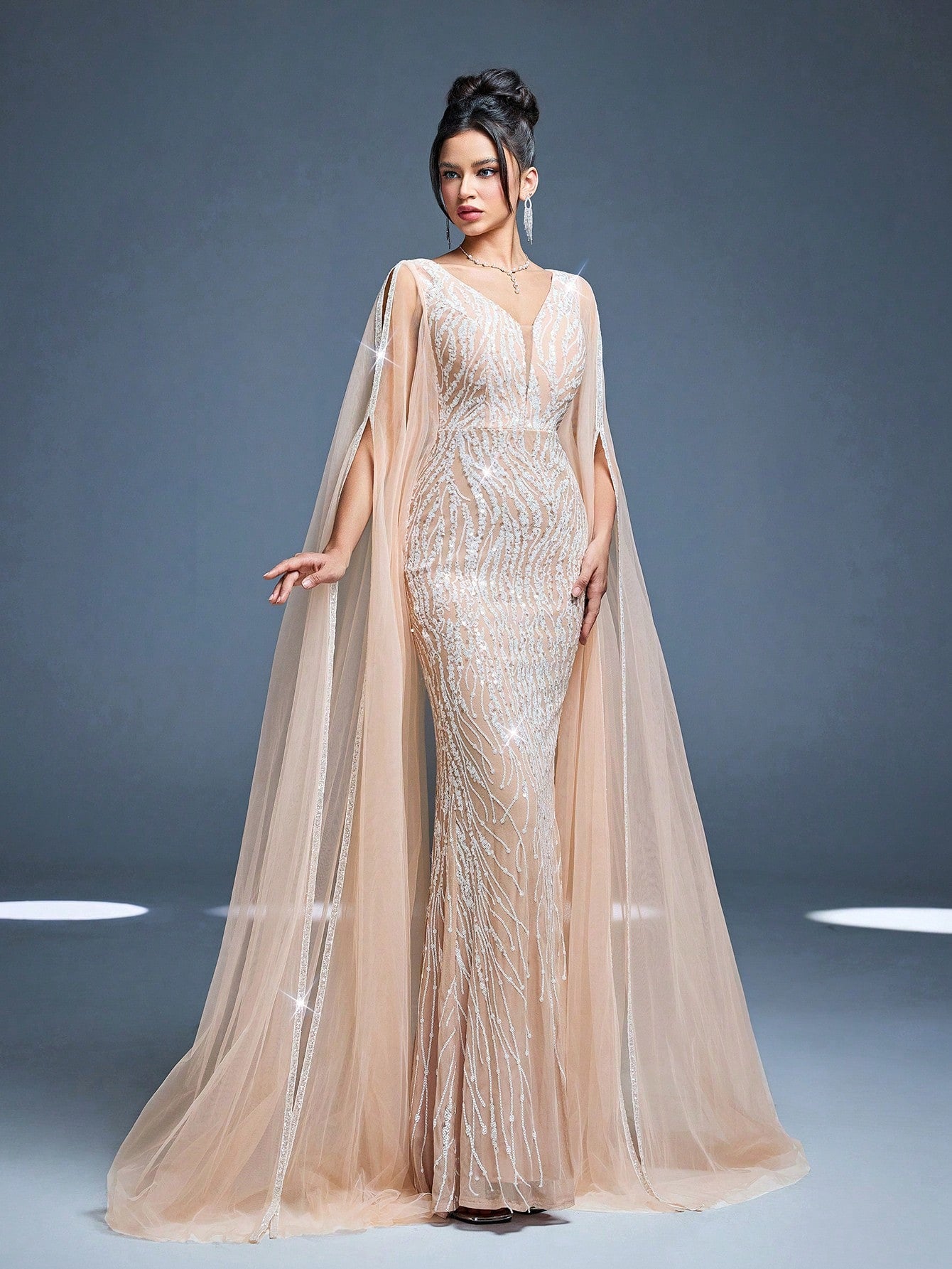 V-Neck Mesh Shoulder Double Layer Sequin Fitted Mermaid Maxi Dress