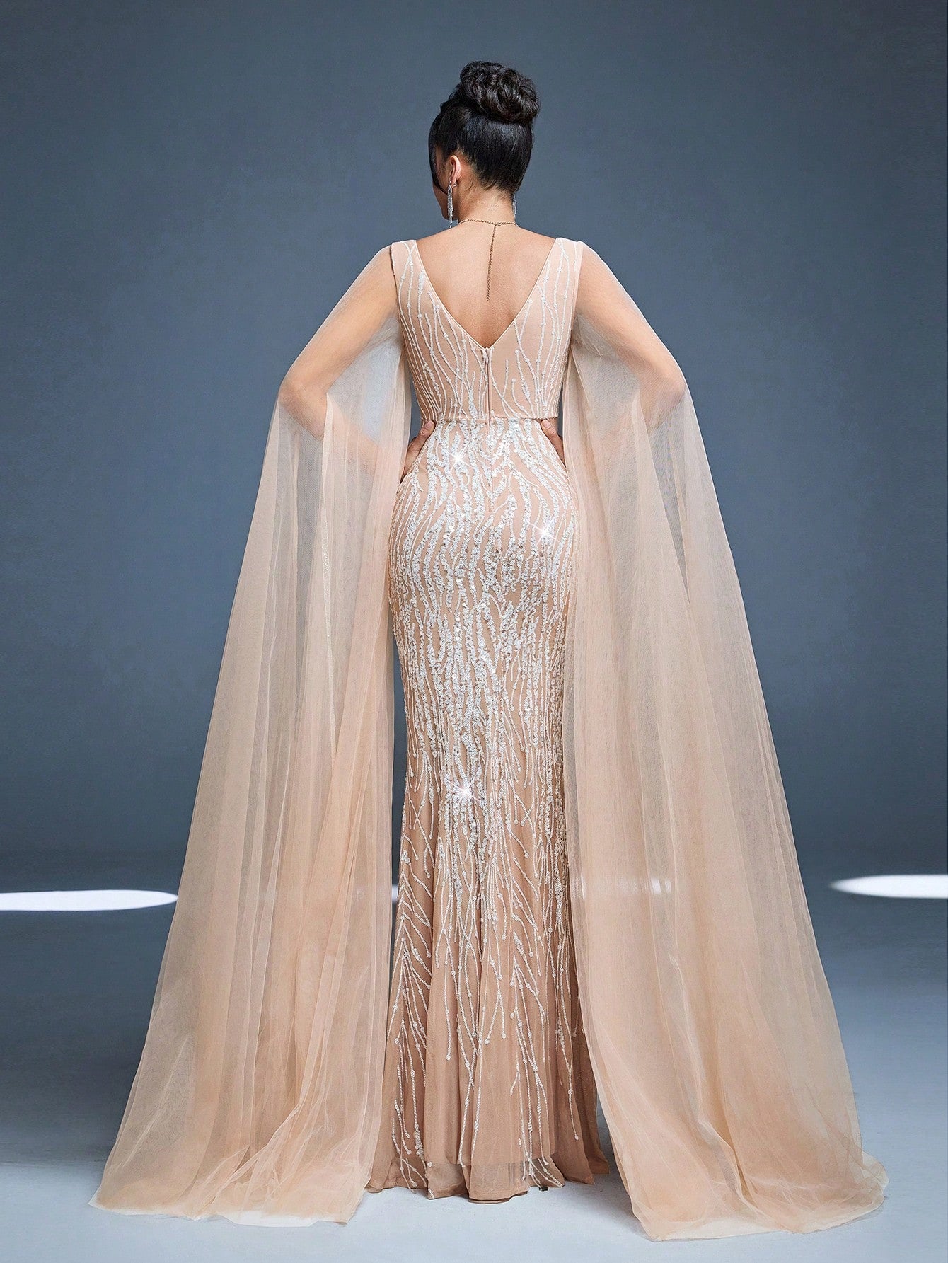 V-Neck Mesh Shoulder Double Layer Sequin Fitted Mermaid Maxi Dress