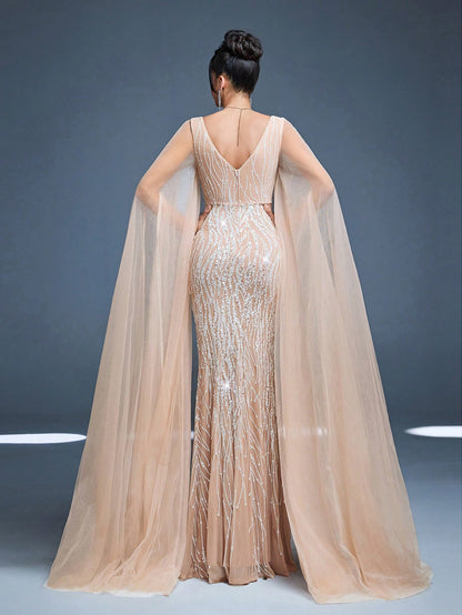 V-Neck Mesh Shoulder Double Layer Sequin Fitted Mermaid Maxi Dress