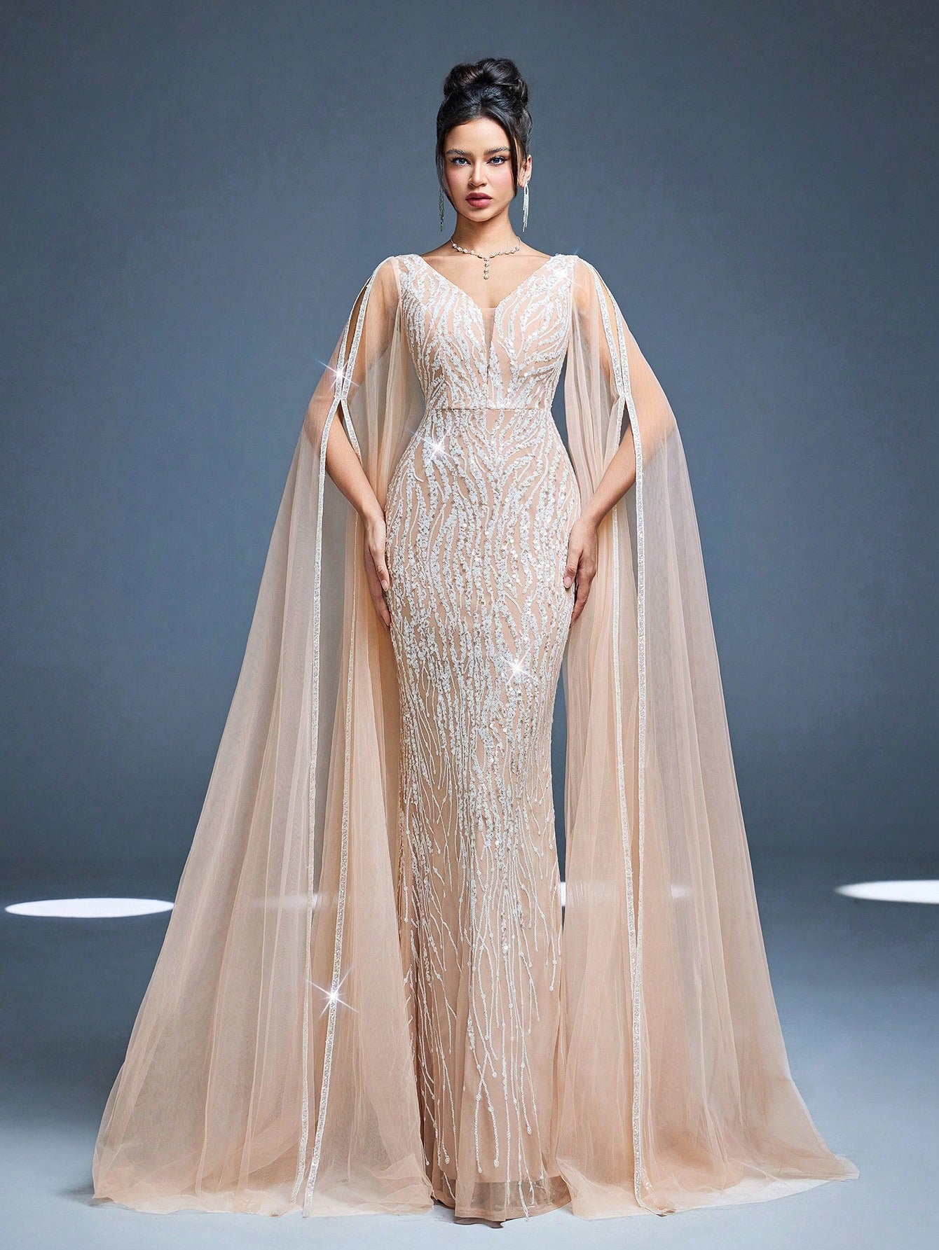 V-Neck Mesh Shoulder Double Layer Sequin Fitted Mermaid Maxi Dress