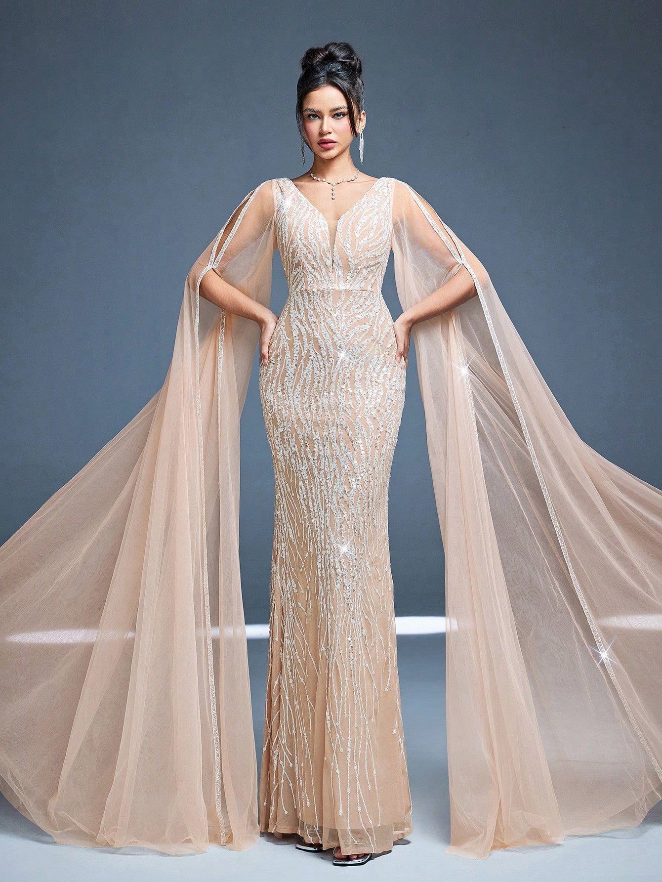 V-Neck Mesh Shoulder Double Layer Sequin Fitted Mermaid Maxi Dress