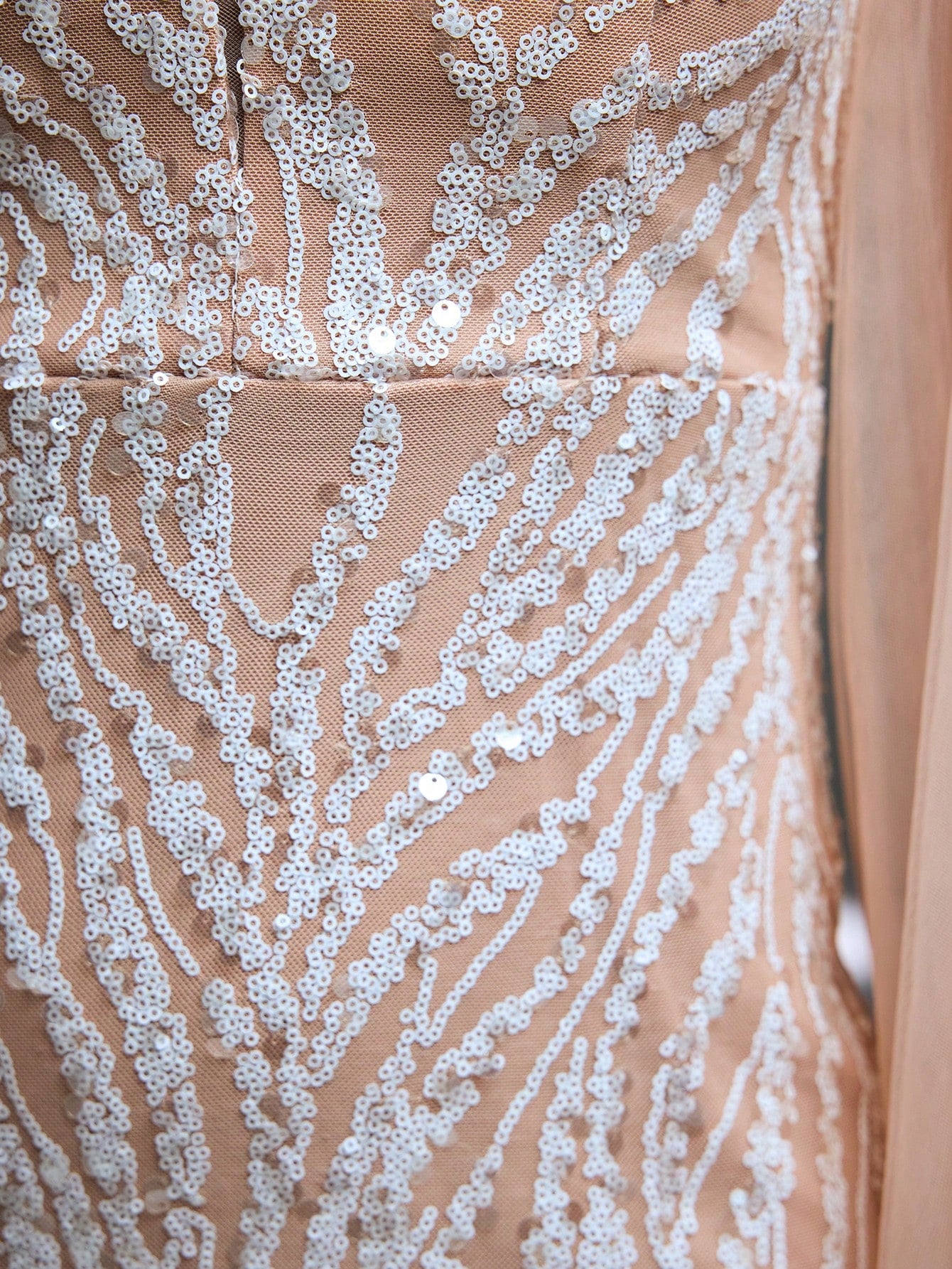V-Neck Mesh Shoulder Double Layer Sequin Fitted Mermaid Maxi Dress