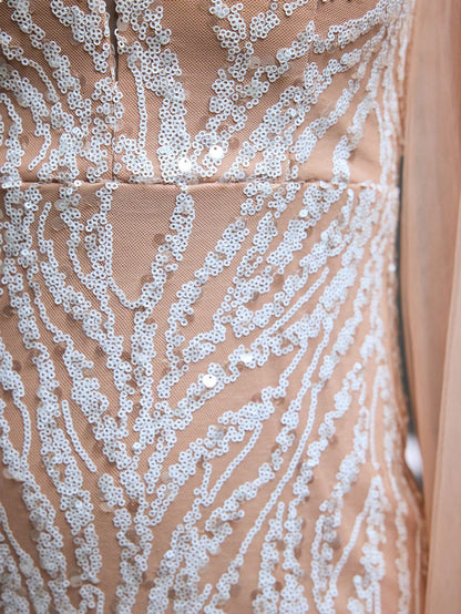 V-Neck Mesh Shoulder Double Layer Sequin Fitted Mermaid Maxi Dress