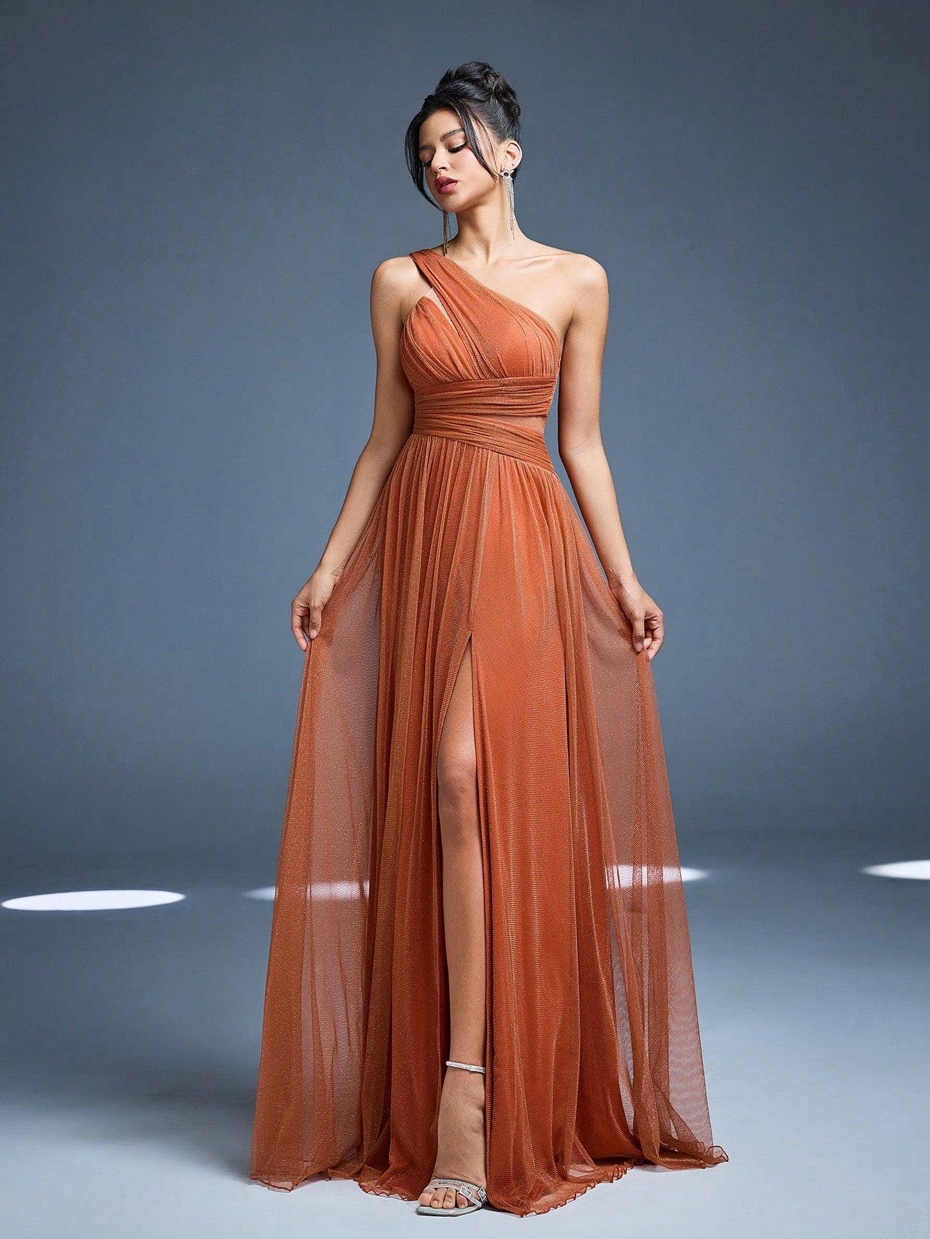 New Off Shoulder Solid Bridesmaid Dress, Sheer Mesh Ruffle High Slit Maxi Dress Wedding