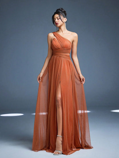 New Off Shoulder Solid Bridesmaid Dress, Sheer Mesh Ruffle High Slit Maxi Dress Wedding