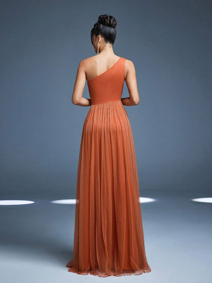 New Off Shoulder Solid Bridesmaid Dress, Sheer Mesh Ruffle High Slit Maxi Dress Wedding