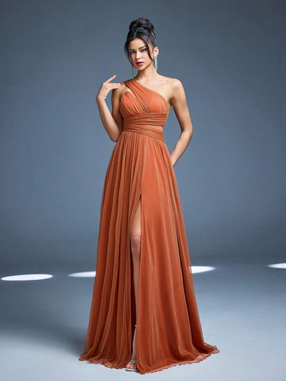 New Off Shoulder Solid Bridesmaid Dress, Sheer Mesh Ruffle High Slit Maxi Dress Wedding