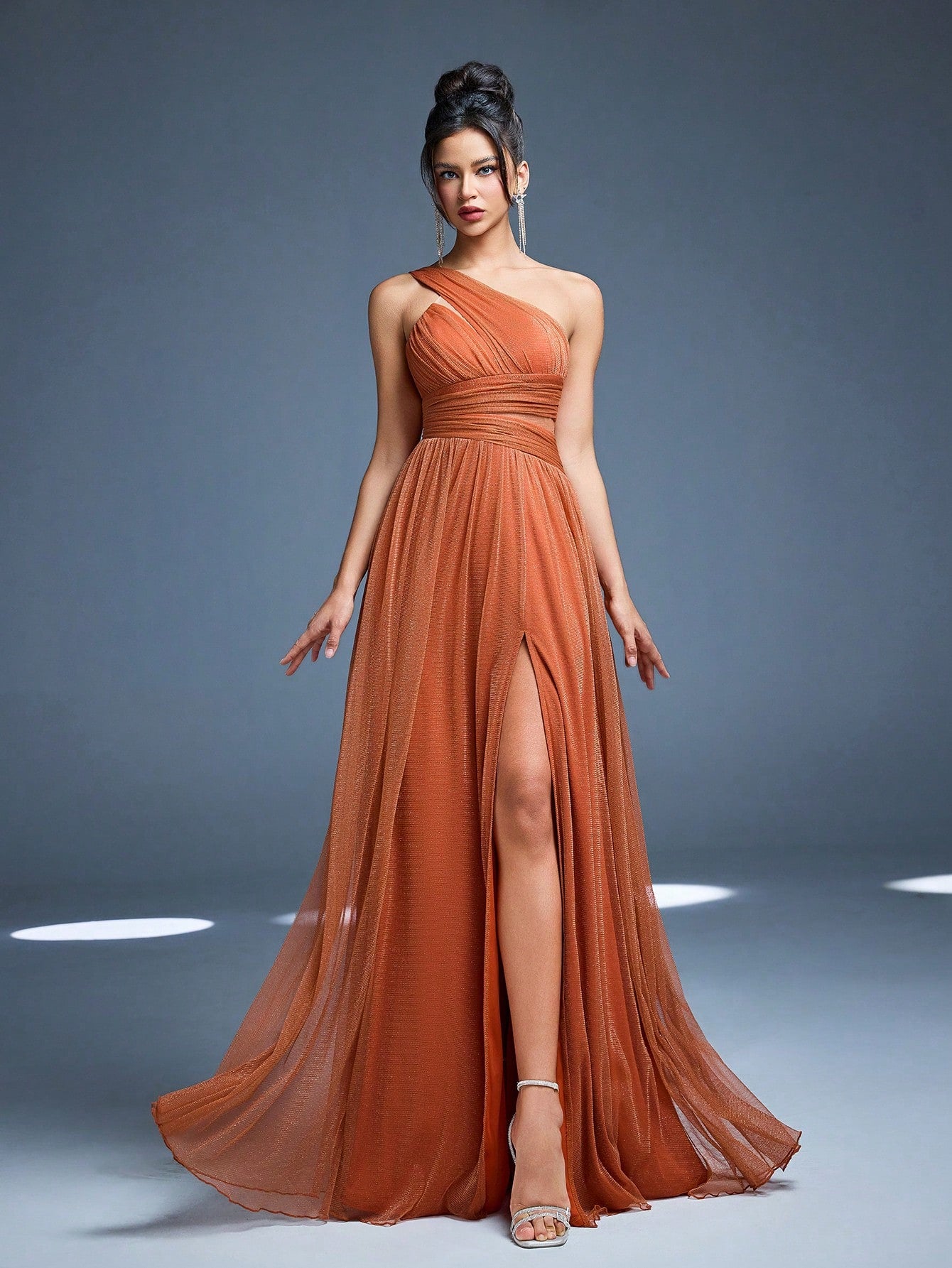 New Off Shoulder Solid Bridesmaid Dress, Sheer Mesh Ruffle High Slit Maxi Dress Wedding