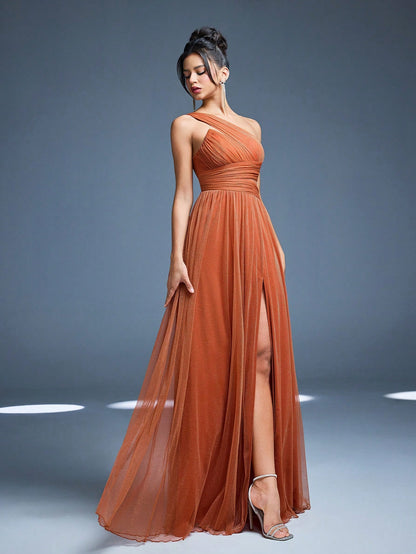 New Off Shoulder Solid Bridesmaid Dress, Sheer Mesh Ruffle High Slit Maxi Dress Wedding