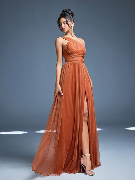 New Off Shoulder Solid Bridesmaid Dress, Sheer Mesh Ruffle High Slit Maxi Dress Wedding