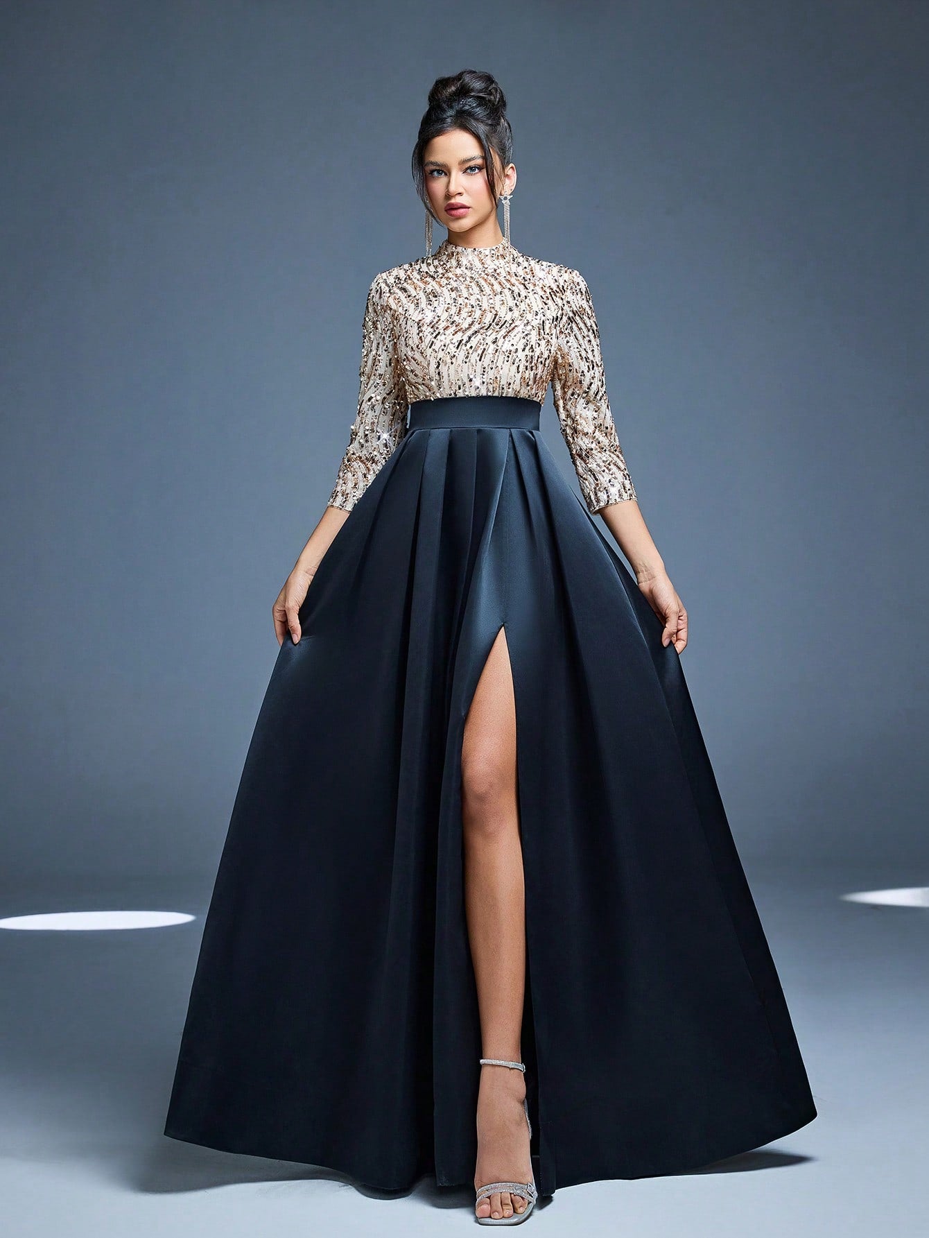 New Arrival High Neck Halter Fancy Evening Gown Dress Sequin Bow High Slit Satin A-Line Dress Party Wedding Black Spring