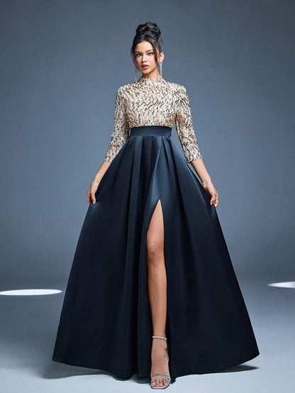 New Arrival High Neck Halter Fancy Evening Gown Dress Sequin Bow High Slit Satin A-Line Dress Party Wedding Black Spring