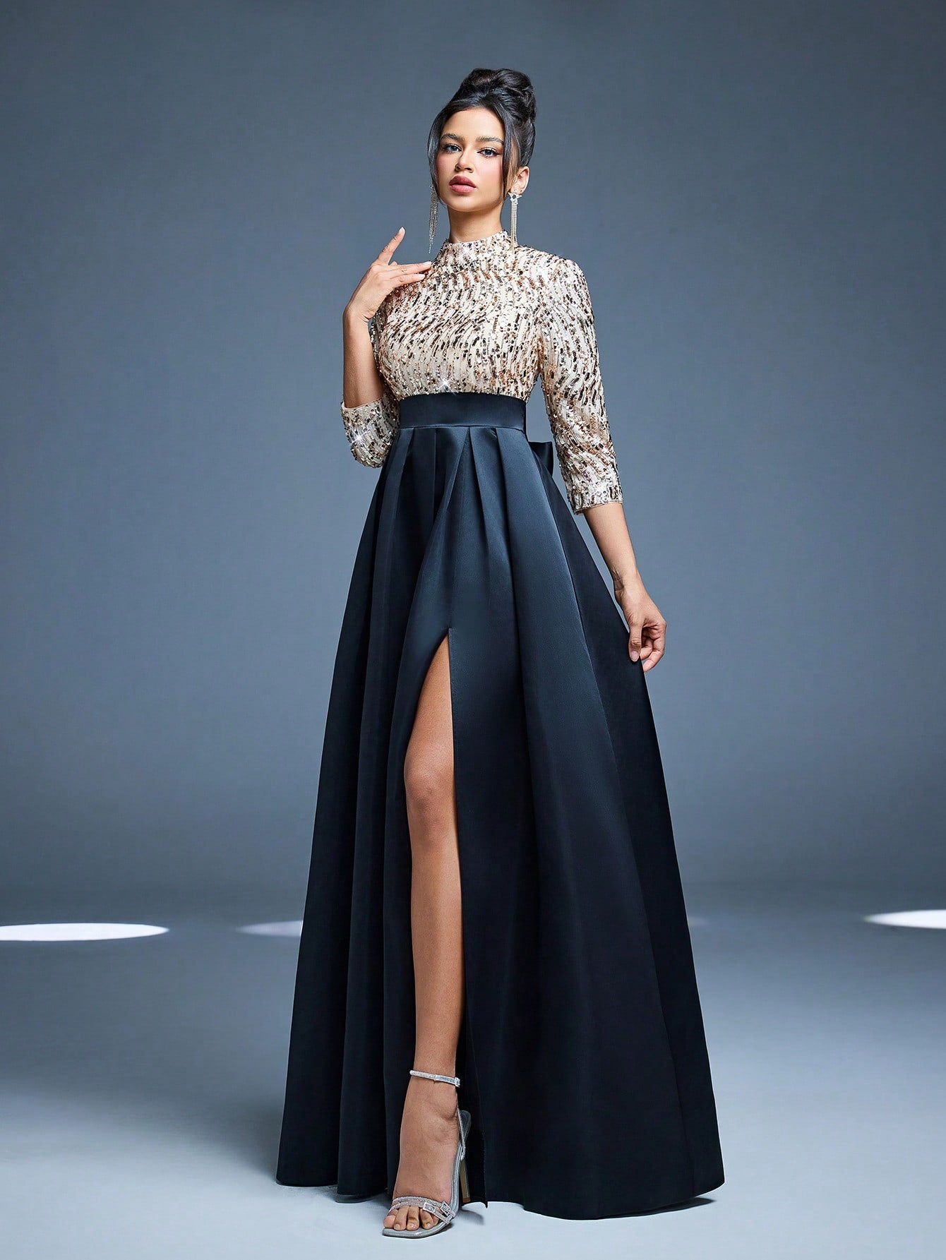 New Arrival High Neck Halter Fancy Evening Gown Dress Sequin Bow High Slit Satin A-Line Dress Party Wedding Black Spring