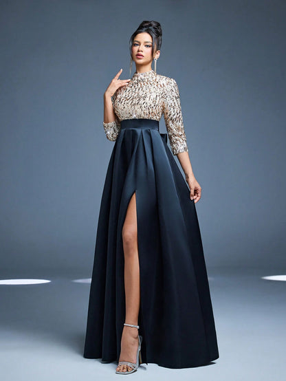 New Arrival High Neck Halter Fancy Evening Gown Dress Sequin Bow High Slit Satin A-Line Dress Party Wedding Black Spring
