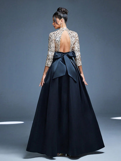 New Arrival High Neck Halter Fancy Evening Gown Dress Sequin Bow High Slit Satin A-Line Dress Party Wedding Black Spring